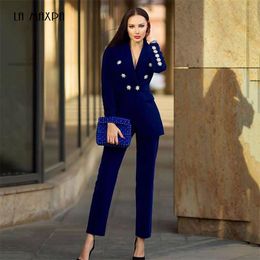 New Winter Ladies Suit Dark Blue Long-Sleeved Jacket And Pants 2 Pieces Two-Piece Deep V-Neck Crystal Diamond Buckle Set 200923