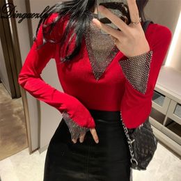 Dingaozlz Autumn Winter T shirt Women Hot drilling Casual shirt New fashion Stitching long-sleeved Lady Tops 201028