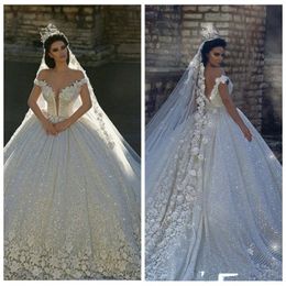 Sparkly Lace Appliques Off Shoulder Ball Gown Sequins Wedding Dresses Bridal Gowns Formal Vestidos De Mariage Garden Princess Sexy Backless