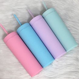 Creative 16oz Acrylic Skinny Tumbler Colourful Plastic Cups with Straws Simple Insulated Coffee Milk Mug Festival Party Gift Supplies