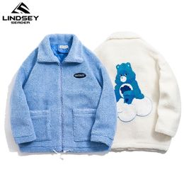 LINDSEY SEADER Harajuku Lamb Wool Winter Jacket Embroidery Bear Thin Parkas Men Streetwear Cotton Zipper Winter Men Coats 201118