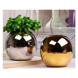 Modern Brief Gold Colour Ceramic Craft Bottle Round Ball Small Flower Vase Home Accessories Desktop Silver Colour Art Floral Organ LJ201208