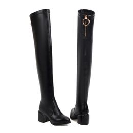 Hot Sale-female autumn winter size 33-48 thick medium heels black white PU leather Over-the-knee boots for women ladies long boots shoes
