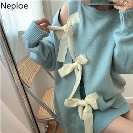 Neploe Korean Bow Tie Hollow-out Split Pullover Sweater Causal Long Sleeve O-neck Knitted Tops 2020 Autumn Winter Jumper 60027 LJ201112