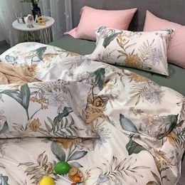 Papa&Mima Flowers Leaves Duvet Cover Set Fitted Sheet silkly Egyptian Cotton Bedlinens 4pcs Queen King Size Bedding Set 201022
