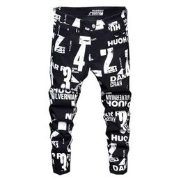 Men's White Letters Numbers Print Black Jeans Trendy Sim Fit Stretch Denim Pencil Pants Trousers G0104