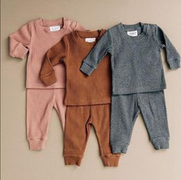 Rib Knit Clothing Solid Baby Boy Tops Pants 2pcs Sets Long Sleeve Infant Girl Loungewear Children Home Clothes 4 Colors DW6370