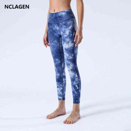 NCLAGEN Naked Feel Yoga Pants Women Tie Dyed High Waist Fitness Capris NO FRONT SEAM GYM Leggings Squat Proof Slim Sport Tights H1221