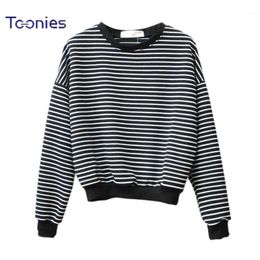 Women's Hoodies & Sweatshirts Wholesale- Brand Women Horizontal Stripe Female Harajuku Casual Long Sleeve O-neck Pullovers Crop Top Hoody Cl