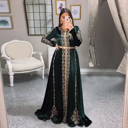 Formal hunter Green Evening Dresses with Gold Applique Long Sleeve Moroccan Kaftan Prom Dress 2021 robe de soiree Party Gowns