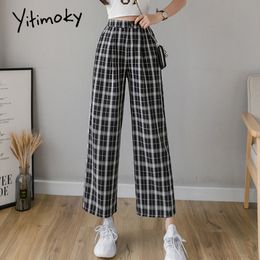 Syiwidii vintage plaid pants elastic waist pants women high waist plus size wide leg Pants Casual female korean trousers women 201031