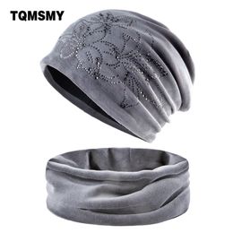 Women's Fashion Rhinestone Flower Hat Scarf Winter Warm Beanies Scarves Set For Girls Thick Velvet Bonnet Femme Skullies Caps Y201024