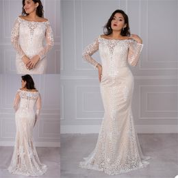 Plus Size Mermaid Wedding Dresses Long Sleeves Appliqued Lace Bridal Gown Bateau Sweep Train Custom Made Vestidos De Novia