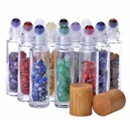 10ml Essential Oil Roller Bottles Glass Roll on Perfume Bottles with Crushed Natural Crystal Quartz Stone Crystal Roller Ball Bamboo Cap LX3