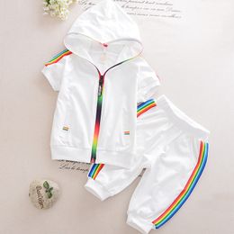 Nova moda verão crianças menino meninas roupas sportswear manga curta zíper colorido vestuário com capuz conjunto para bebê crianças roupas conjuntos