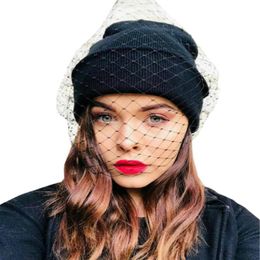 Women Lace fishnet Veil Crochet knit Skullies Cap femme Winter warm street Beanie Hat Lady sexy mesh dance party bonnet gorros