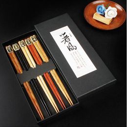 50set 5pair/set Chinese Wooden Chopsticks Tableware Anti-skid Household Wooden Set Chopsticks Holder Cutlery Gift Box for Gift