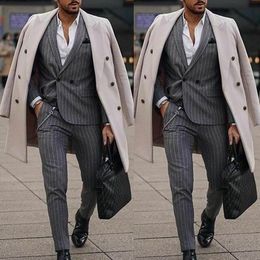 Winter Grey Striped Mens Tuxedos Double Breasted Groomsmen Groom Suits Plus Size Prom Party Blazer Jacket(jacket+pants)