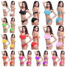 Wholesale Womens Solid Colours Bikini Swimwear Fashion Sexy Back Bras Briefs Split Swimsuit Female Summer Ruffle Sleeve Sling Bib Beach Sets