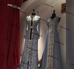 Dusty Blue Caftan Robes Evening Dresses 2021 Lace Chiffon Beaded Embroidery Kaftan Moroccan Kaftan Dubai Abaya Arabic Prom Gown