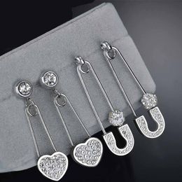 Crystal Love Heart Stud Earrings Stainless Steel Safety Pin Zirconia Dangle Earring For Women Bridesmaid Gift