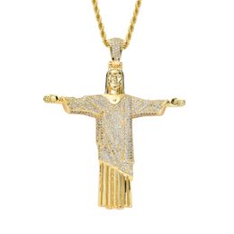 Yellow Gold Plated Bling CZ Diamond Stone Christ Juses Cross Pendant with 24inch Rope Chain for Men Women Hot Gift