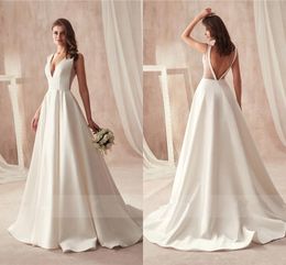 Plus Sexy Cheap Size Dresses With Pocket Satin Deep V-Neck Open Back Floor Length Wedding Dress Bridal Gowns Robes De Marie