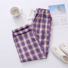 Harajuku Plaid pants students Korean loose retro soft sister purple cartoon dog elastic waist wide leg nine pants 201109