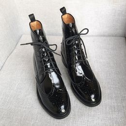 Hot Sale-Ankle Motorcycle Boots for women Carved Brogue Boots Lace up Patent leather