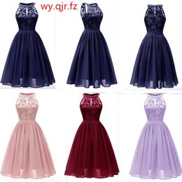 #Chiffon Halter Neck Lace Pink wine red dark blue green Violet Evening Dresses short party prom dress girl wholesale LJ201123