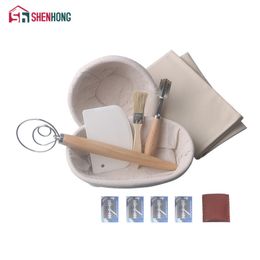 SHENHONG 7PCS Banneton Fermentation Proofing Rattan Basket Dough Bread with Arc Curved Knife Scraper Brush Danish Whisk Linen 201023