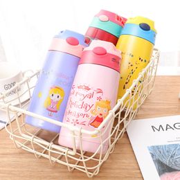 400ml Kids Stainless Steel Thermos Mug With Straw Cartoon Leak-Proof Vacuum Flask Children Thermal Bottle Thermocup LJ201218