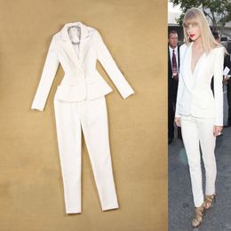 Autumn women's clothing new slim long-sleeved single button white suit two-piece Casual feet pants sets high quality 201030