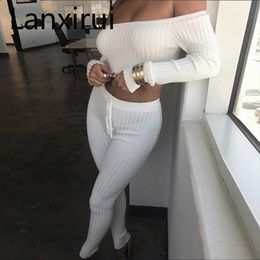 New Sexy Cotton Two Pieces Set Women Club Wear Slash Neck Crop Tops And Pencil Pant Long Sleeve Two Pieces Outfits T200810