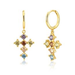 925 Sterling Silver Gold Rainbow Cross Zircon CZ Hoops Pendiente Piercing Ohrringe Bracelet Necklace Jewellery Set Luxury