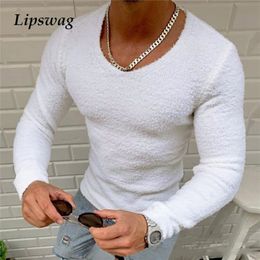 Autumn Casual Long Sleeve V-Neck T-shirts Men Fashion Solid Knitted Tee Mens Fleece Tops Pullover Streetwear 220304