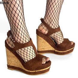 Rontic Customise Colour Women Summer Sandals Buckle T- Strap Cork Wedges Heels Peep Toe Pretty Brown Party Shoes US Size 5-20