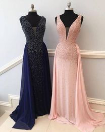 Blush Navy Blue Pink Sequined Beaded Mermaid Evening Dress With Detachable Train V Neck Sheath Prom Dresses Formal Party Pageant Gown es