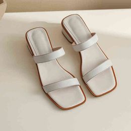 Genuine Leather Open Toe Outside Slides Women Sandals 2021 Summer Women Shoes high quality Modern Slippers Lady Mules Y220221
