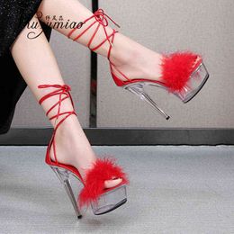 Sandals Shuzumiao Women's Summer New Waterproof Platform Transparent Fur High Heels Cross Straps Thin Heel Pole Dance Shoes 220121