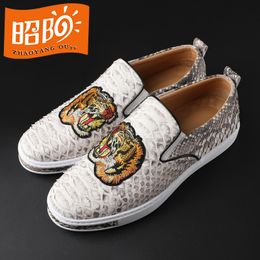 2023 spring and summer new real Python skin men's shoes flat bottom fashion trend embroidered British style leisure sports Doudou shoes