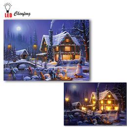 Led canvas printing wall decorative christmas winter night fireplace picture light up painting posters and print holiday gift Y200102