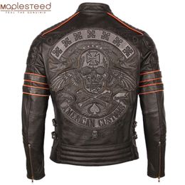 Black Embroidery Skull Motorcycle Leather Jackets 100% Natural Cowhide Moto Jacket Biker Leather Coat Winter Warm Clothing M219 201216