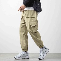2021 New Spring Fashion Multi-Pockets Khaki Black Men's Cargo Jogger Pants Streetwear Casual Baggy Trousers G0104