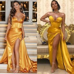 Spaghetti Straps Gold Prom Dress Mermaid High Split Long Evening Gowns Dubai Formal Party Gowns Wear