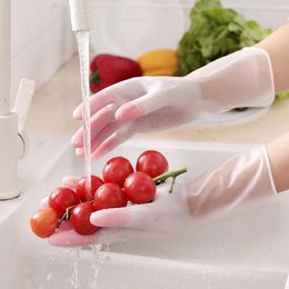 -Engrosamiento de ropa de lavado platos platos guantes femenino lavavajillas guantes de plástico látex de dos colores a prueba de agua limpiador de cocina 49 O2