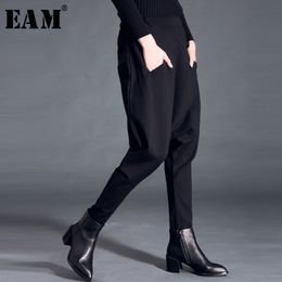 [EAM] New Spring Autumn High Elastic Waist Black Pocket Split Joint Leisure Loose Harem Pants Women Trousers Fashion JS499 201111