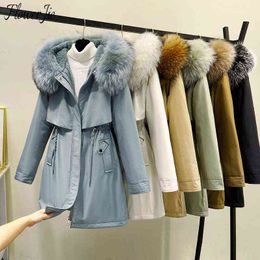 Flower Jie Plus Size Hooded Fur Long Parka Women Slim Casual Black Warm Coat Female Down Cotton Padded Winter Jacket Ladies 211221