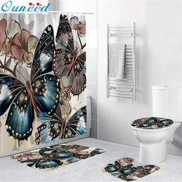Ouneed Shower Curtains set 4PCS Non Slip sweets Butterfly pattern Toilet Polyester Cover Mat Set flowers Bathroom Shower Curtain Y200108