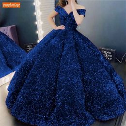 Royal Blue Evening Dresses Lace Up Robe De Soiree Sparkly Sequined Custom Made Evening Gowns Long Women Party Dress Formal 201113